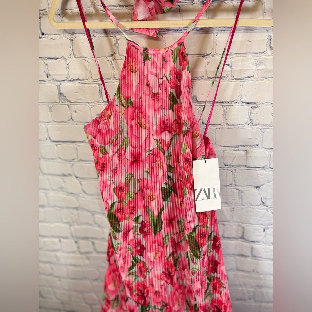 NWT Zara Pink Floral Print Cottagecore Boho Wedding Party Midi Halter Dress XS - Picture 7 of 15